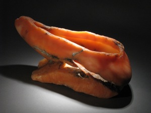 One of a kind large orange alabaster figurative bowl from Kodachrome Basin, Utah stone.  A rare stone from the conflutence of two veins of Alabaster.  Paul Hawkins 2011.